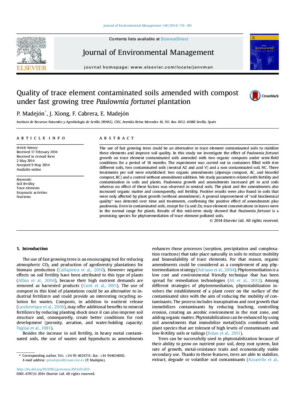 Quality of trace element contaminated soils amended with compost under fast growing tree Paulownia fortunei plantation