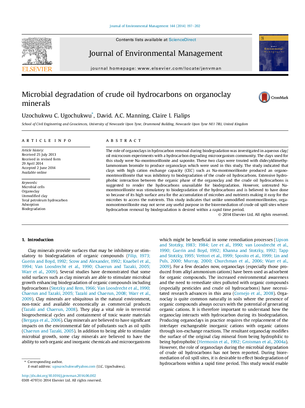 Microbial degradation of crude oil hydrocarbons on organoclay minerals