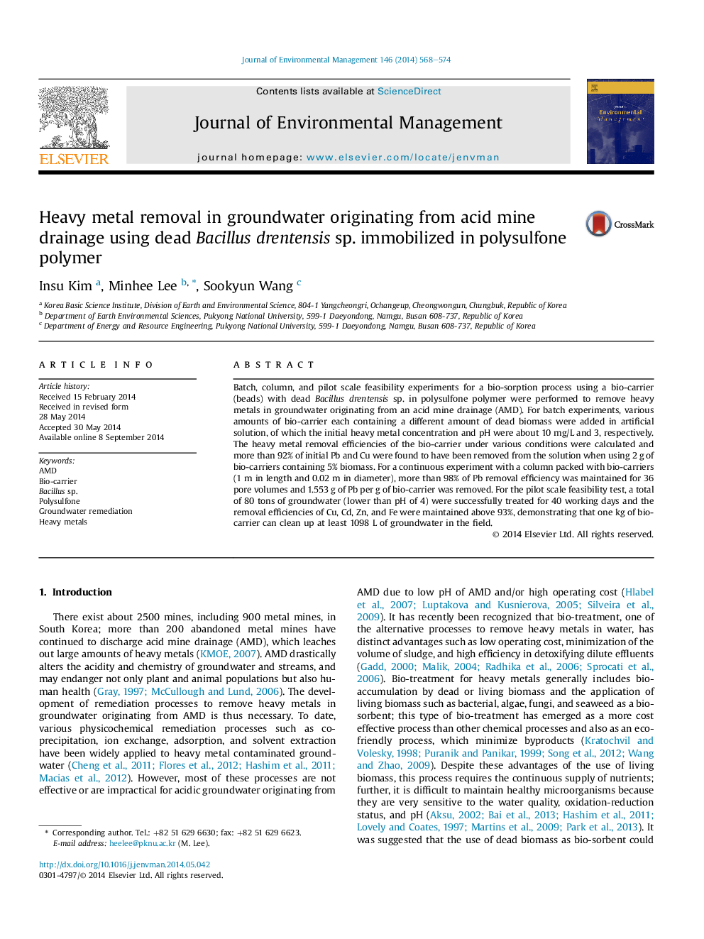 Heavy metal removal in groundwater originating from acid mine drainage using dead Bacillus drentensis sp. immobilized in polysulfone polymer