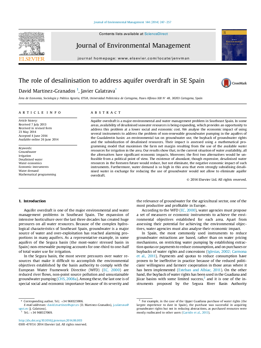 The role of desalinisation to address aquifer overdraft in SE Spain