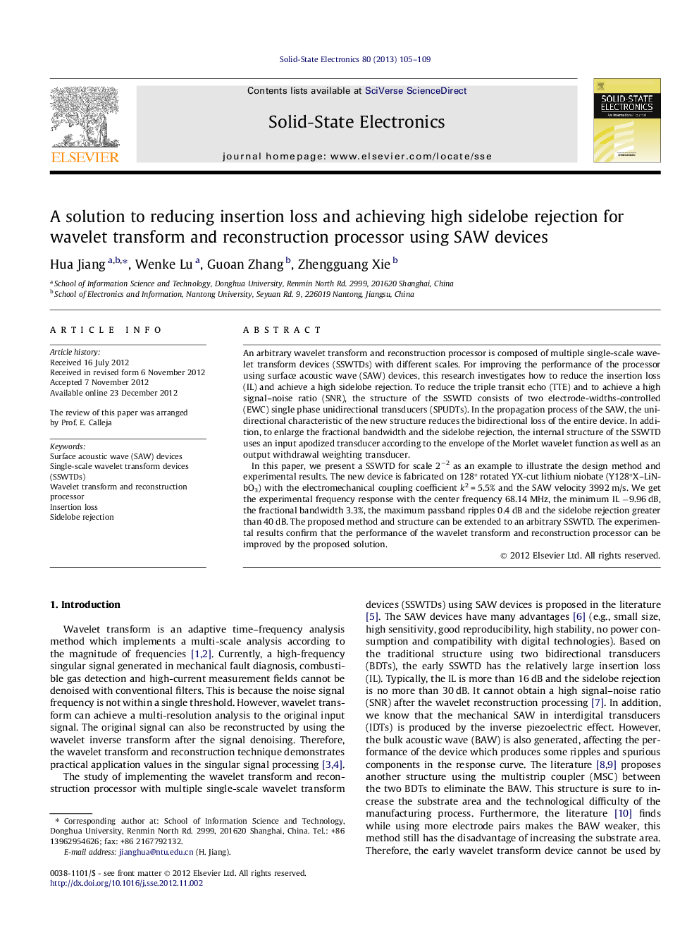 A solution to reducing insertion loss and achieving high sidelobe rejection for wavelet transform and reconstruction processor using SAW devices