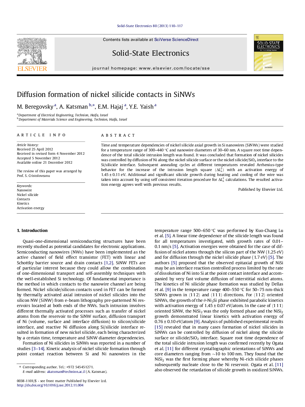 Diffusion formation of nickel silicide contacts in SiNWs