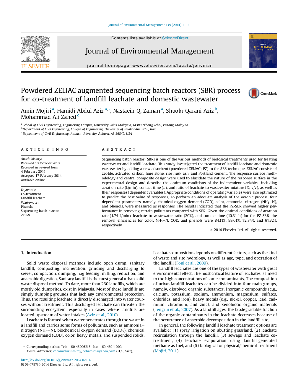 Powdered ZELIAC augmented sequencing batch reactors (SBR) process for co-treatment of landfill leachate and domestic wastewater