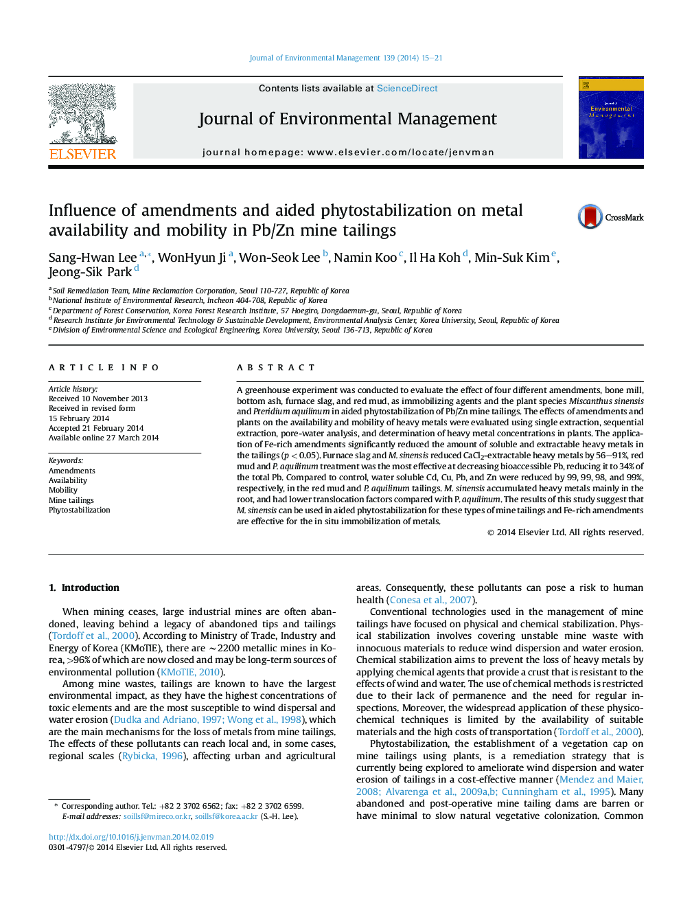 Influence of amendments and aided phytostabilization on metal availability and mobility in Pb/Zn mine tailings