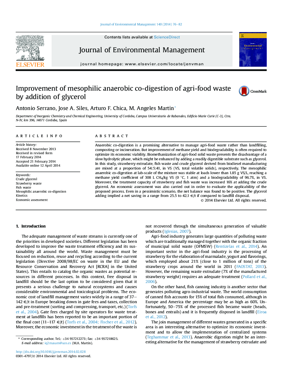 Improvement of mesophilic anaerobic co-digestion of agri-food waste by addition of glycerol