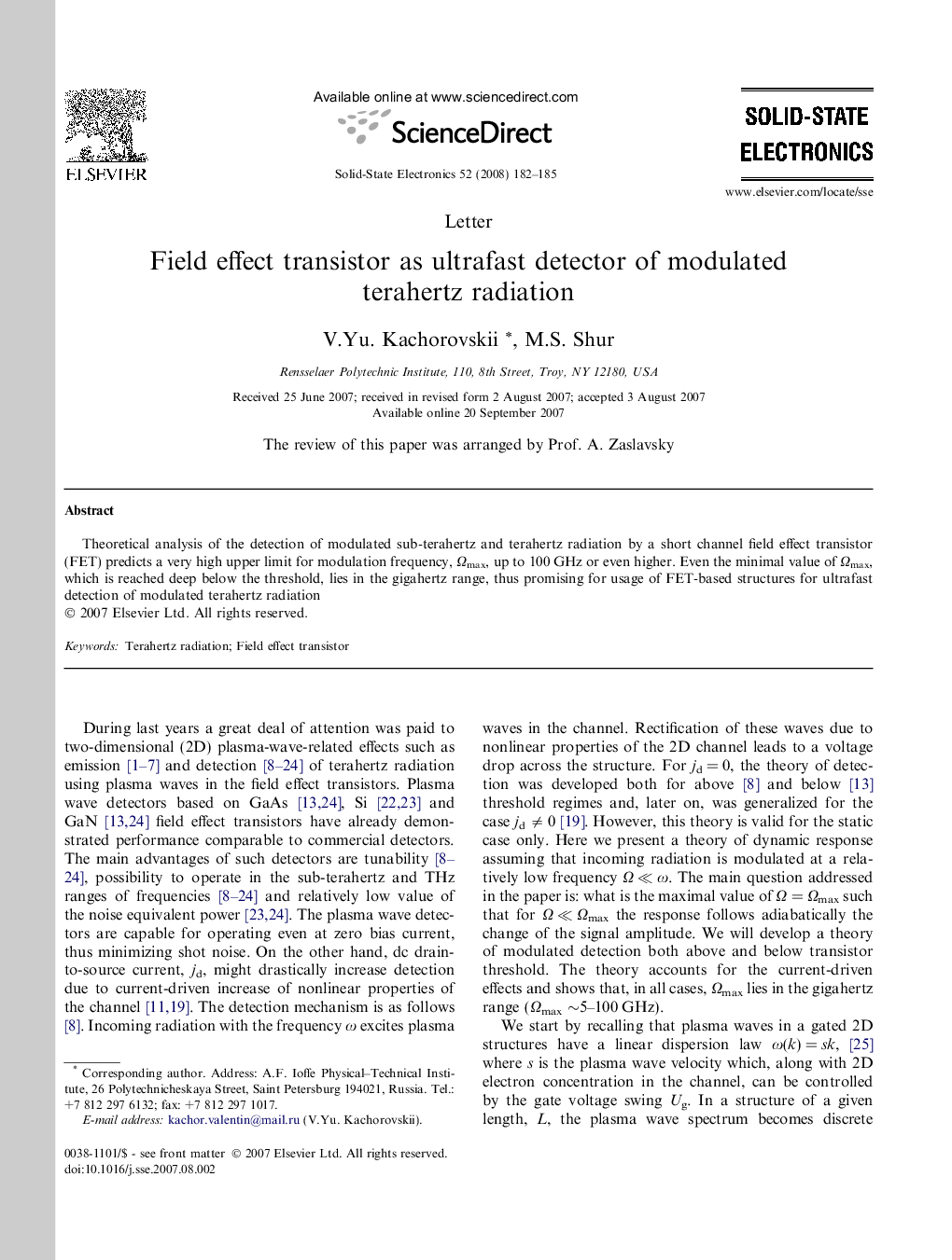 Field effect transistor as ultrafast detector of modulated terahertz radiation