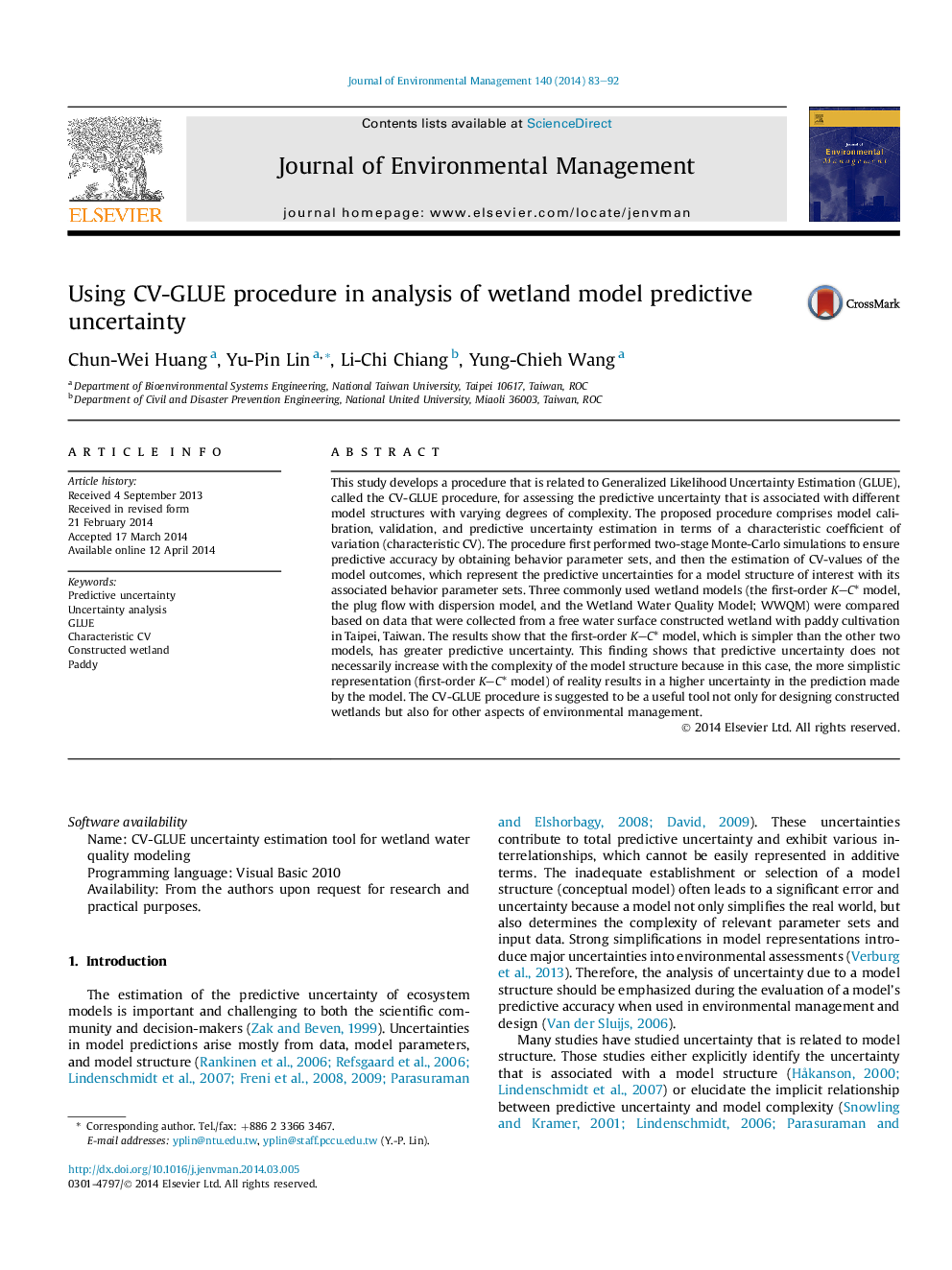 Using CV-GLUE procedure in analysis of wetland model predictive uncertainty