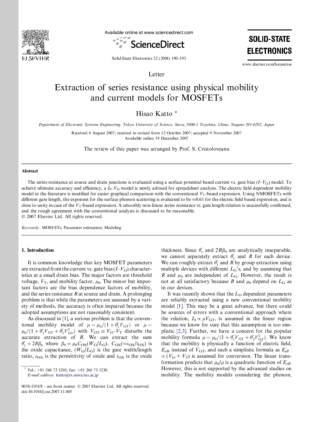 Extraction of series resistance using physical mobility and current models for MOSFETs