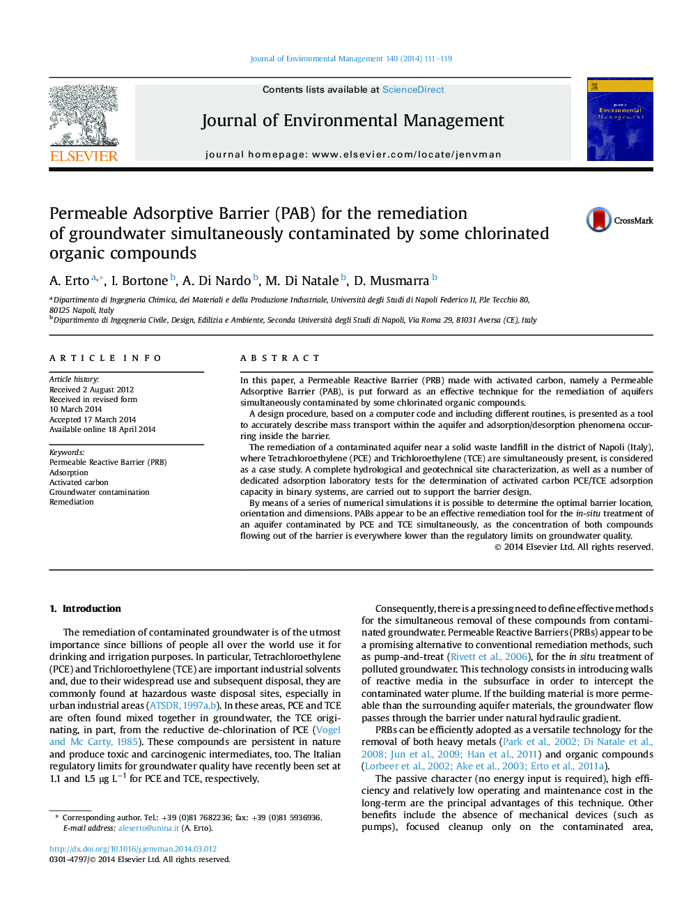 Permeable Adsorptive Barrier (PAB) for the remediation ofÂ groundwater simultaneously contaminated by some chlorinated organic compounds