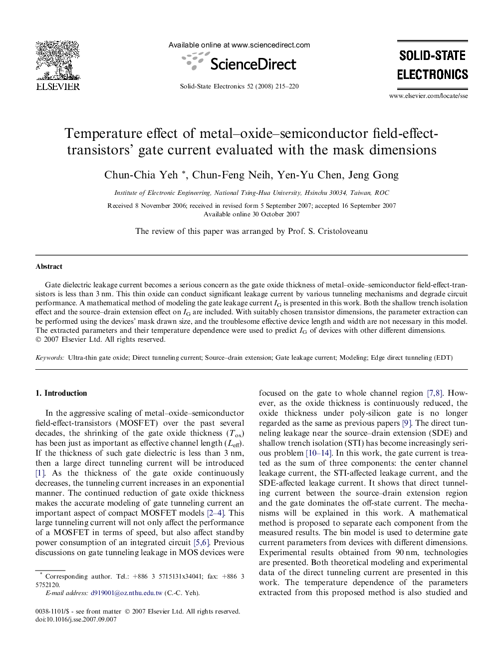 Temperature effect of metal–oxide–semiconductor field-effect-transistors’ gate current evaluated with the mask dimensions