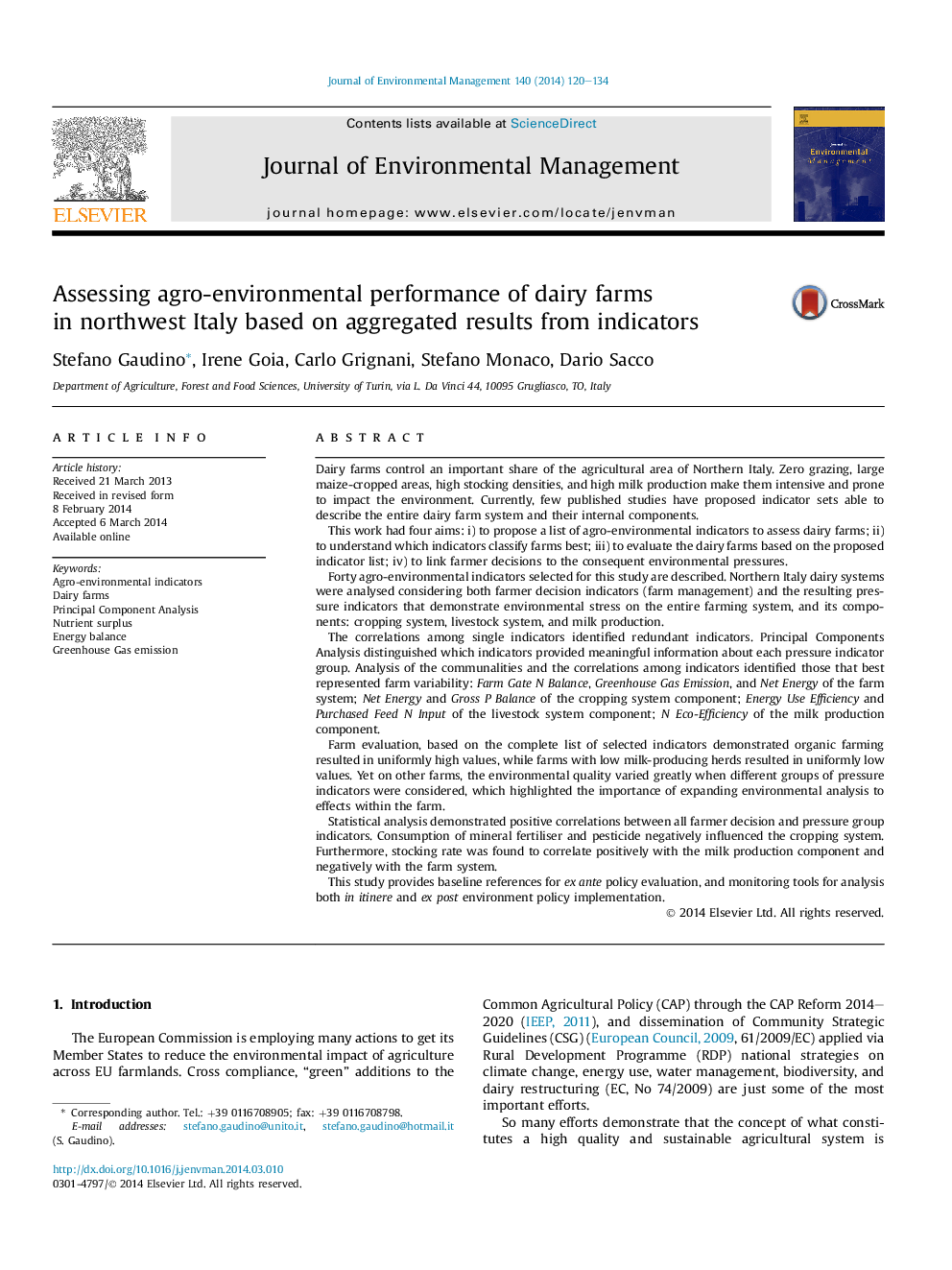 Assessing agro-environmental performance of dairy farms inÂ northwest Italy based on aggregated results from indicators