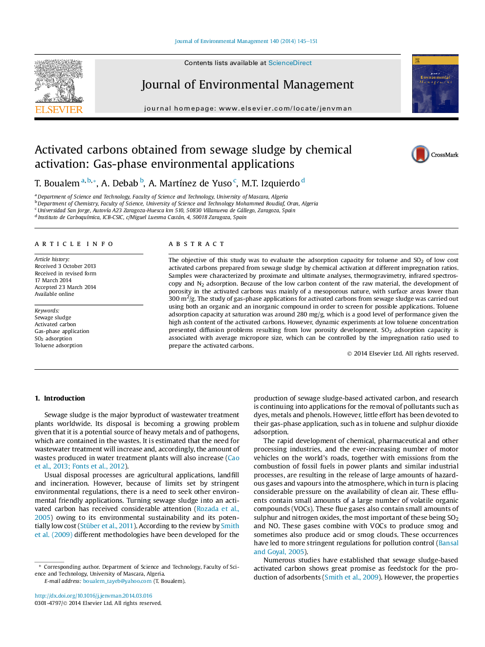 Activated carbons obtained from sewage sludge by chemical activation: Gas-phase environmental applications