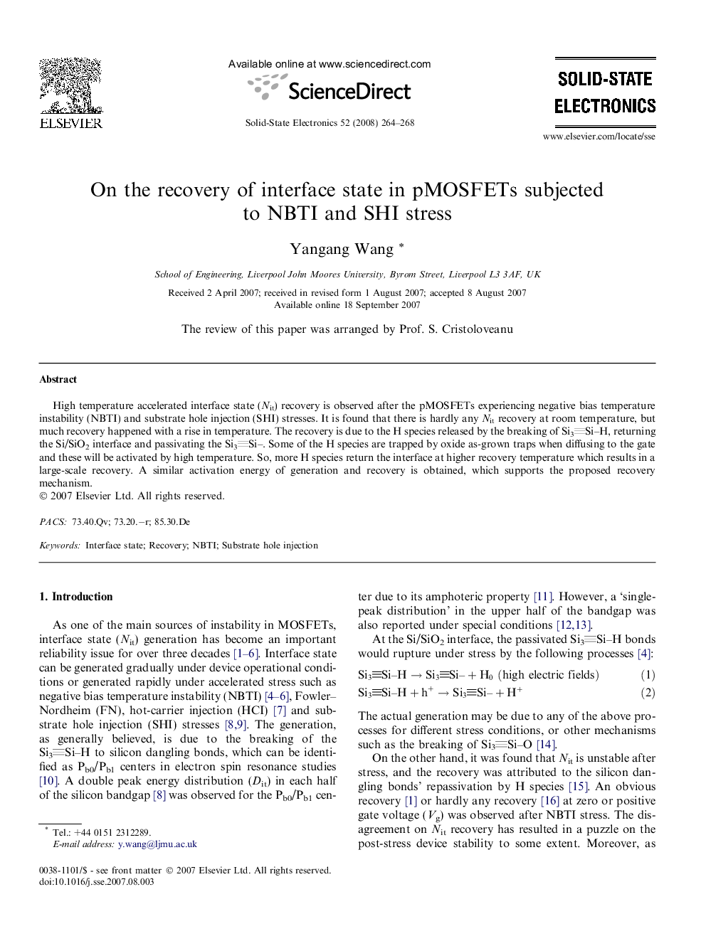 On the recovery of interface state in pMOSFETs subjected to NBTI and SHI stress