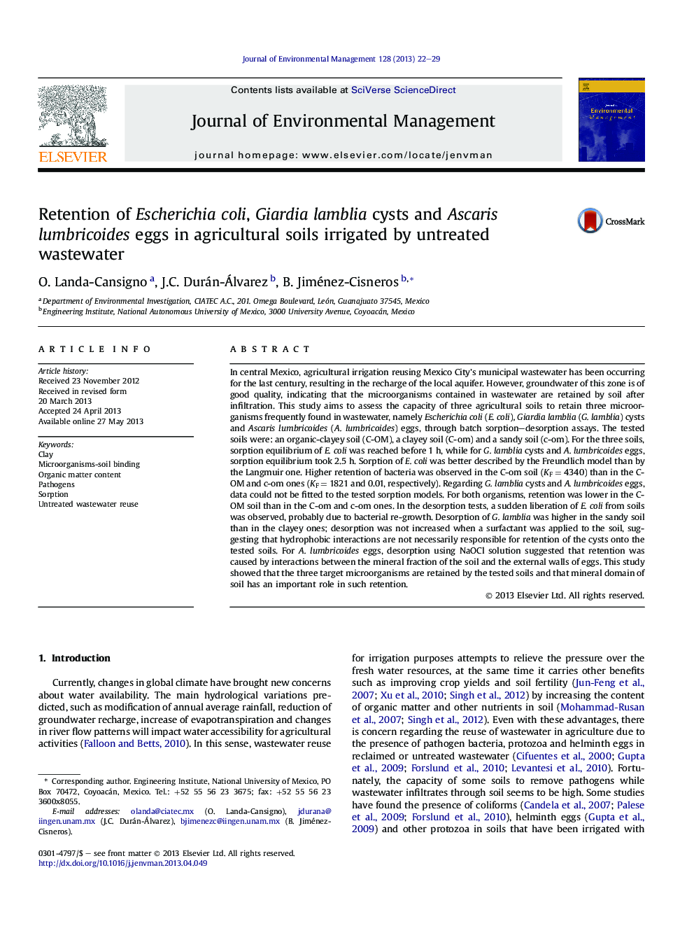 Retention of Escherichia coli, Giardia lamblia cysts and Ascaris lumbricoidesÂ eggsÂ inÂ agricultural soils irrigated by untreated wastewater