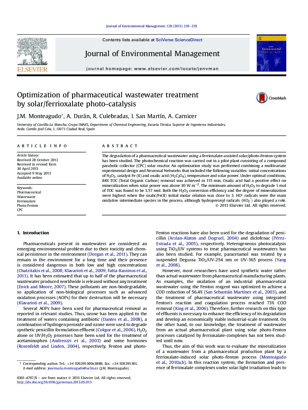 Optimization of pharmaceutical wastewater treatment byÂ solar/ferrioxalate photo-catalysis