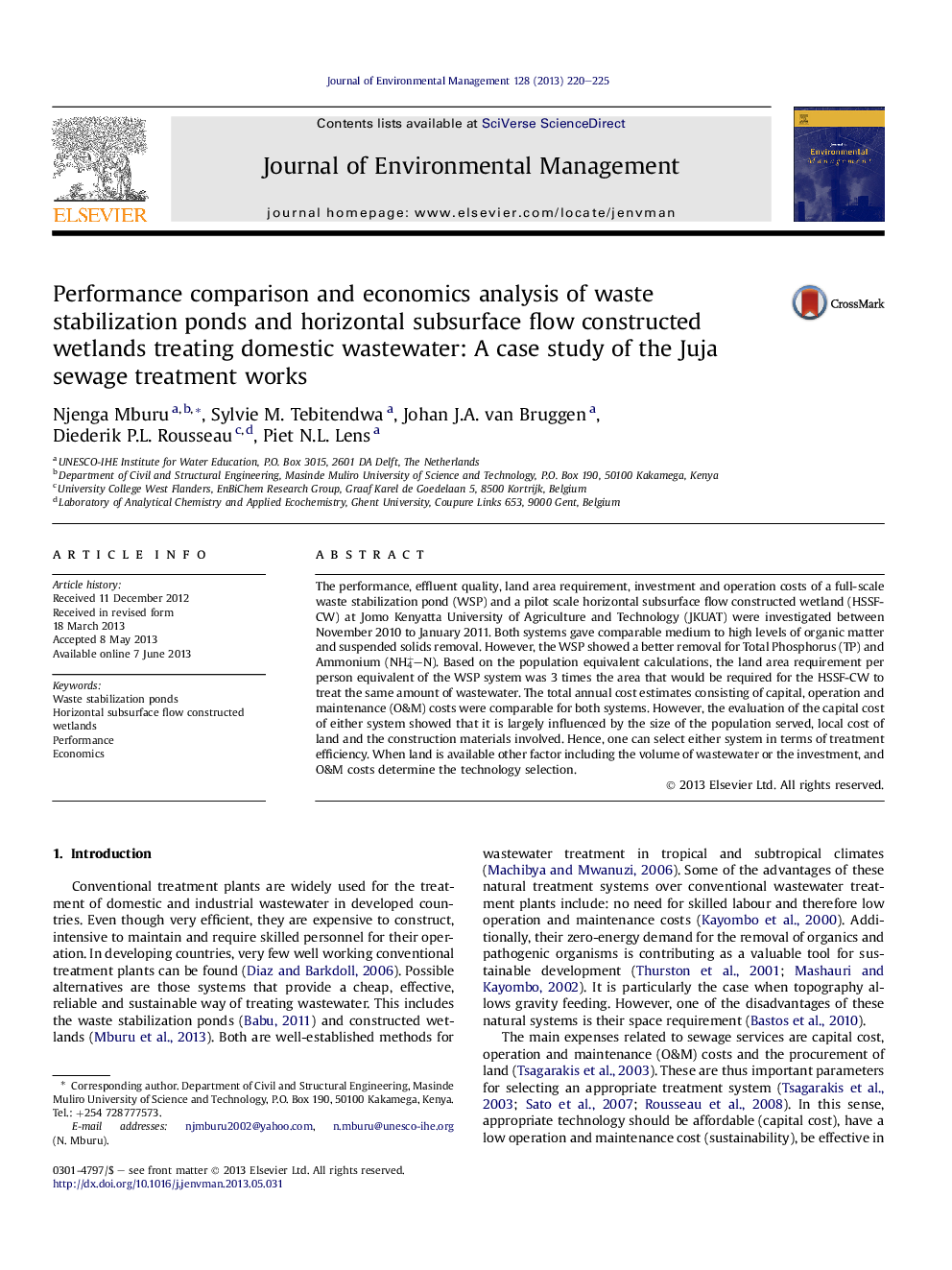 Performance comparison and economics analysis of waste stabilization ponds and horizontal subsurface flow constructed wetlands treating domestic wastewater: A case study of the Juja sewage treatment works