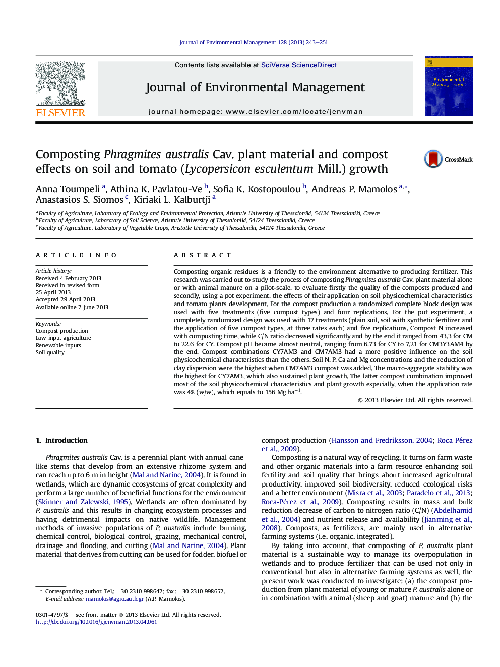 Composting Phragmites australis Cav. plant material and compost effects on soil and tomato (Lycopersicon esculentum Mill.) growth