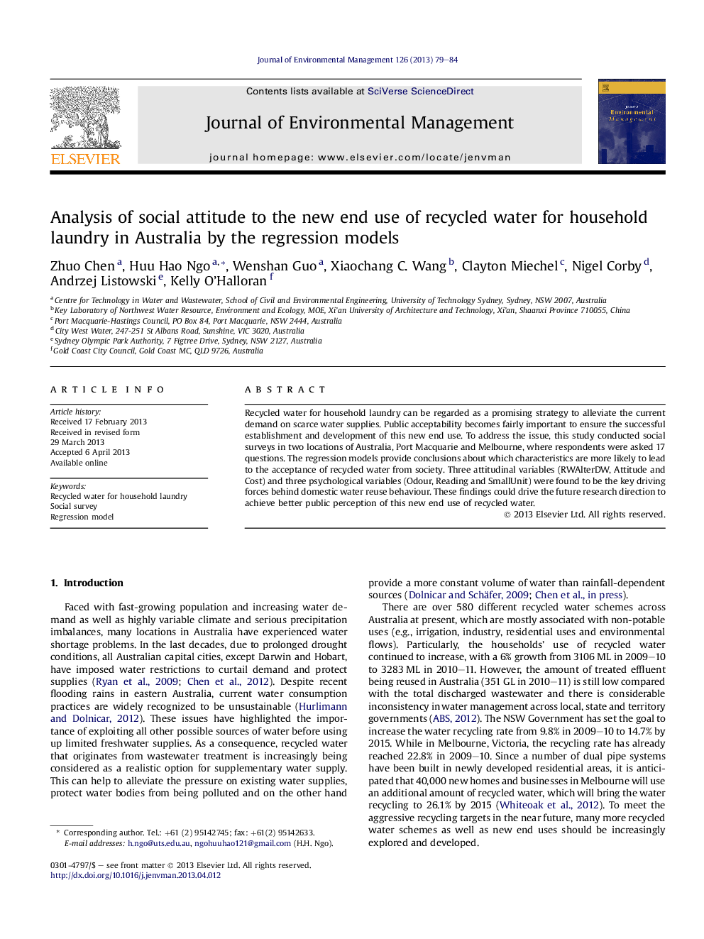 Analysis of social attitude to the new end use of recycled water for household laundry in Australia by the regression models