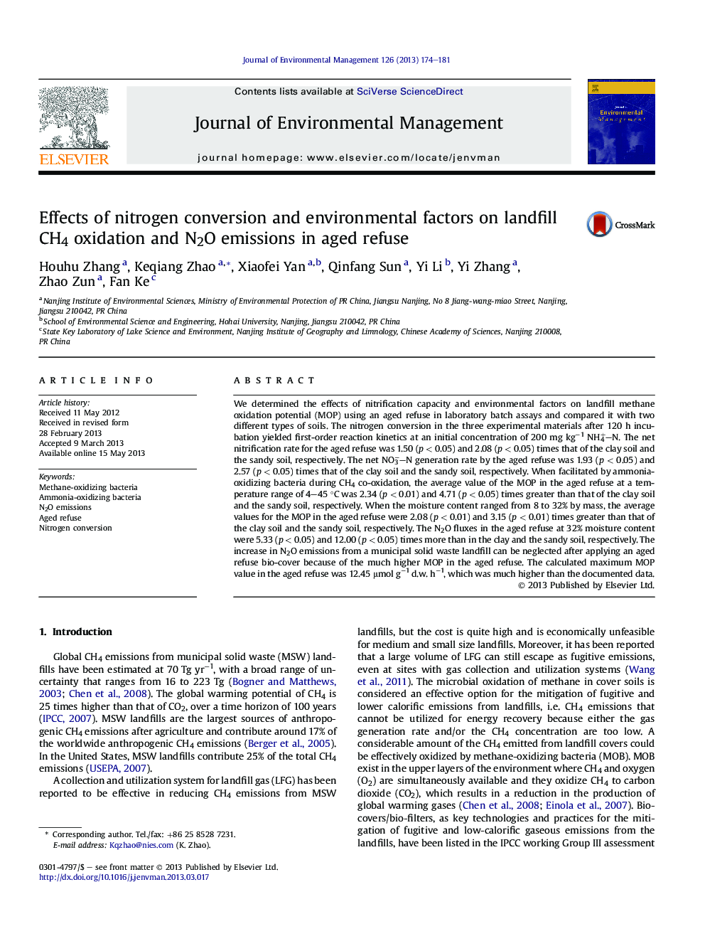 Effects of nitrogen conversion and environmental factors on landfill CH4 oxidation and N2O emissions in aged refuse