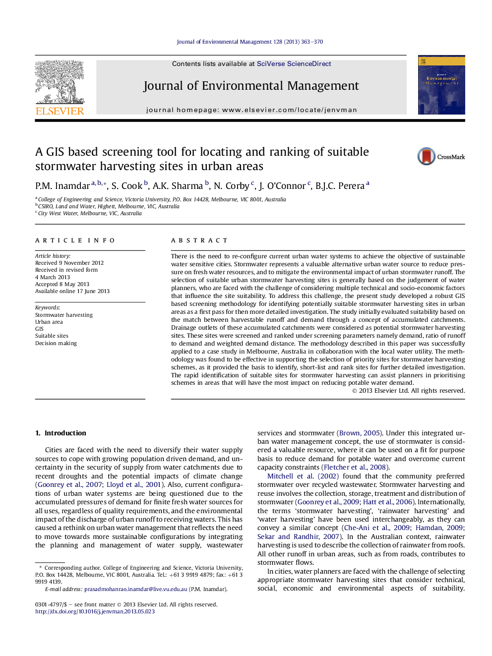 A GIS based screening tool for locating and ranking of suitable stormwater harvesting sites in urban areas