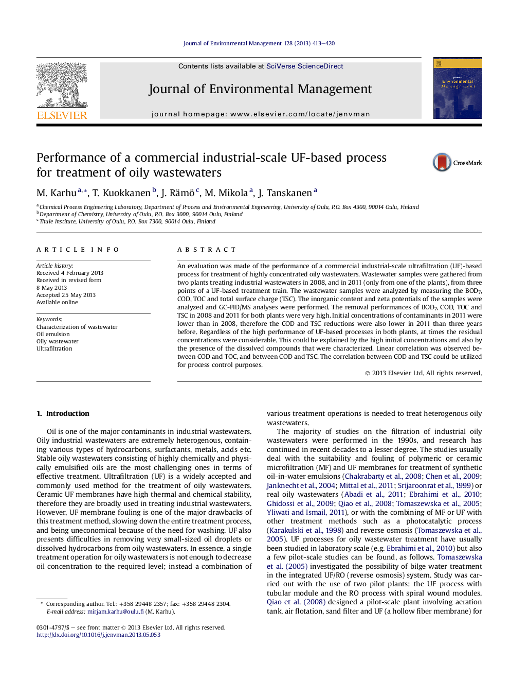 Performance of a commercial industrial-scale UF-based process for treatment of oily wastewaters