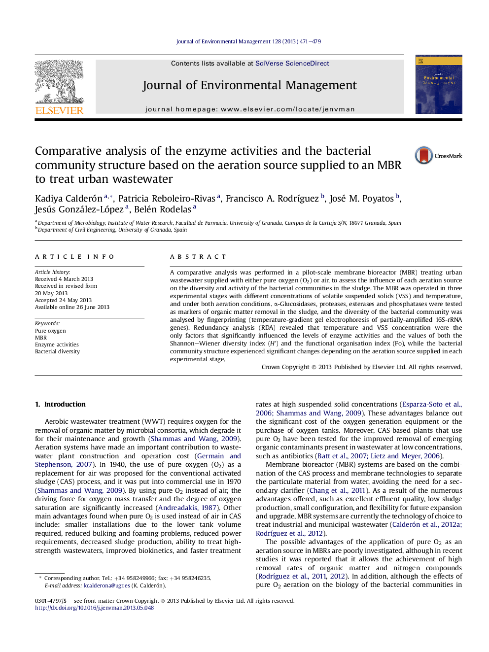 Comparative analysis of the enzyme activities and the bacterial community structure based on the aeration source supplied to an MBR to treat urban wastewater