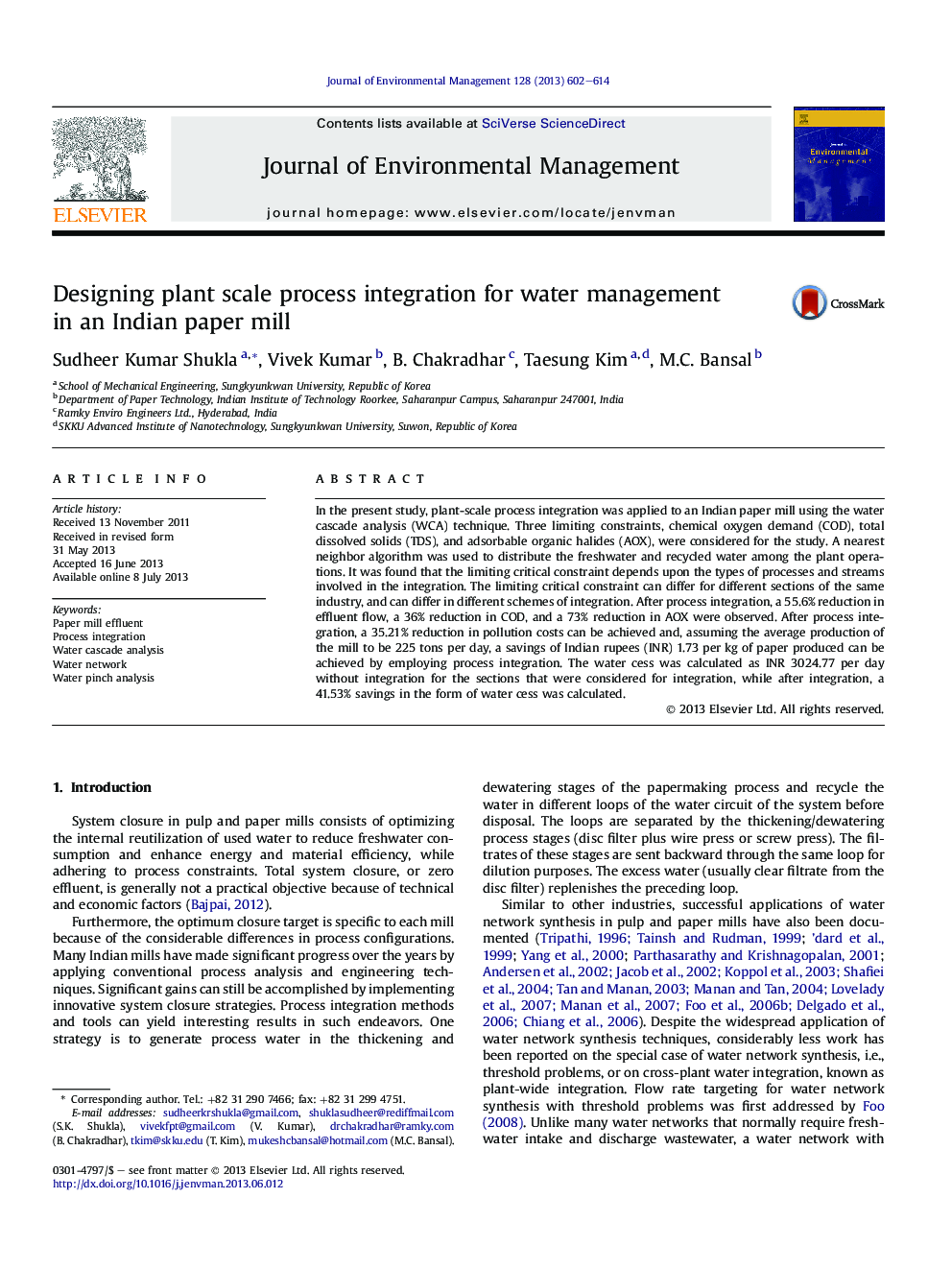 Designing plant scale process integration for water management inÂ anÂ Indian paper mill