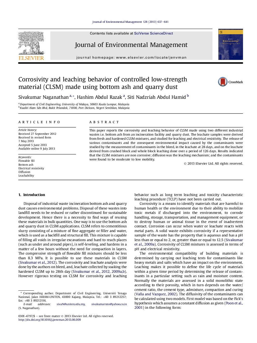 Corrosivity and leaching behavior of controlled low-strength material (CLSM) made using bottom ash and quarry dust