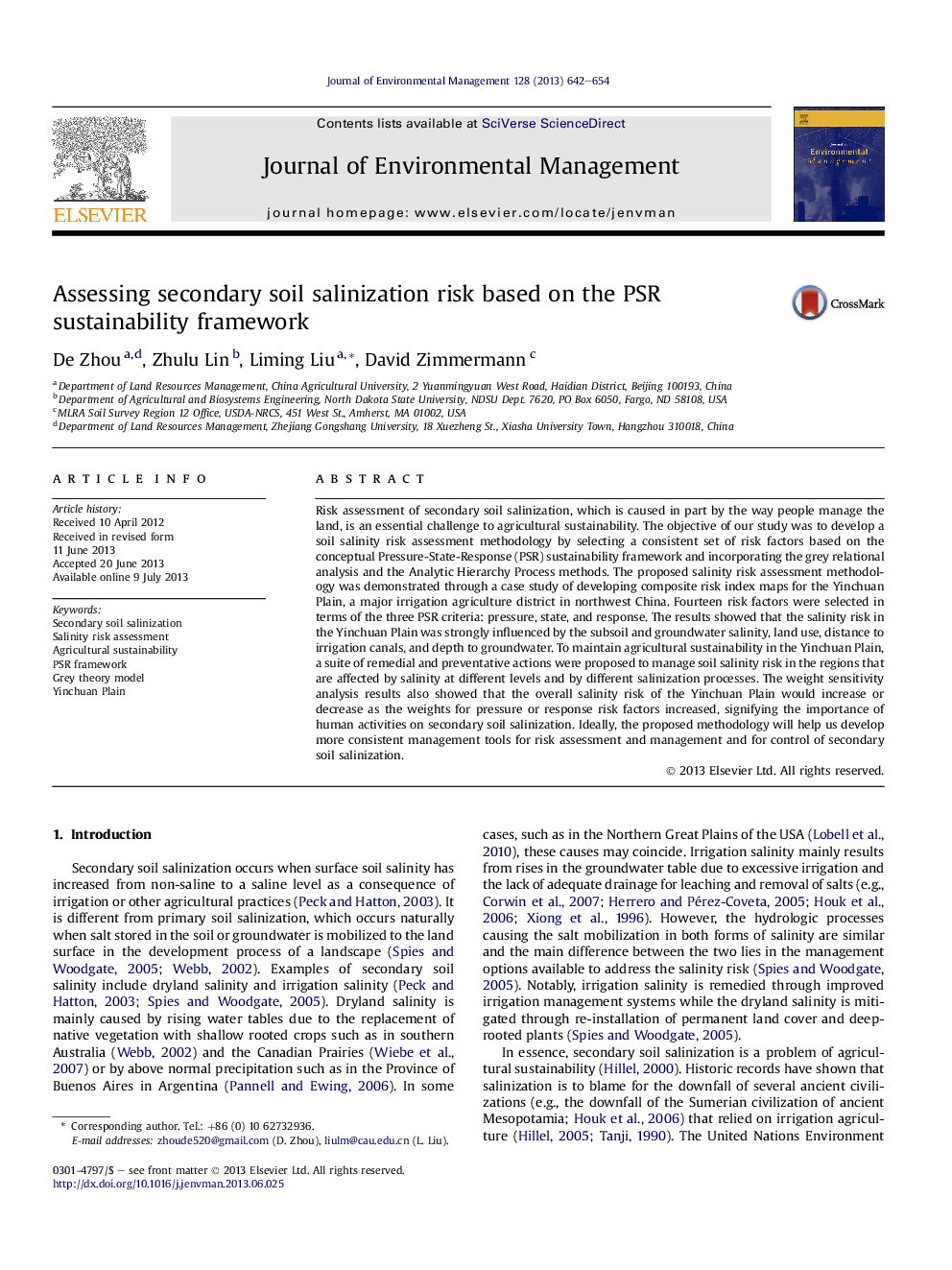 Assessing secondary soil salinization risk based on the PSR sustainability framework