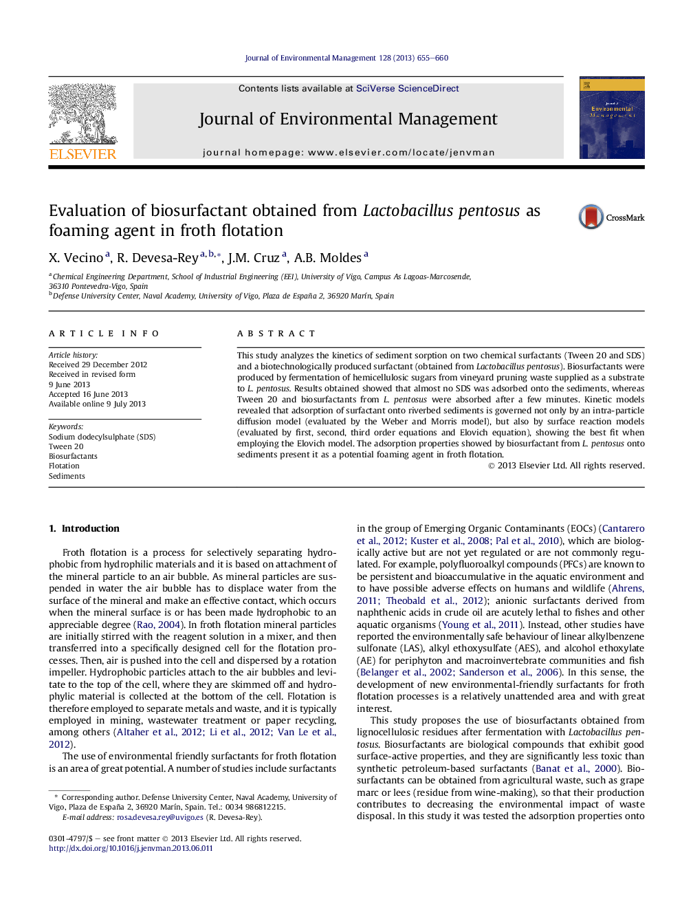 Evaluation of biosurfactant obtained from Lactobacillus pentosus as foaming agent in froth flotation