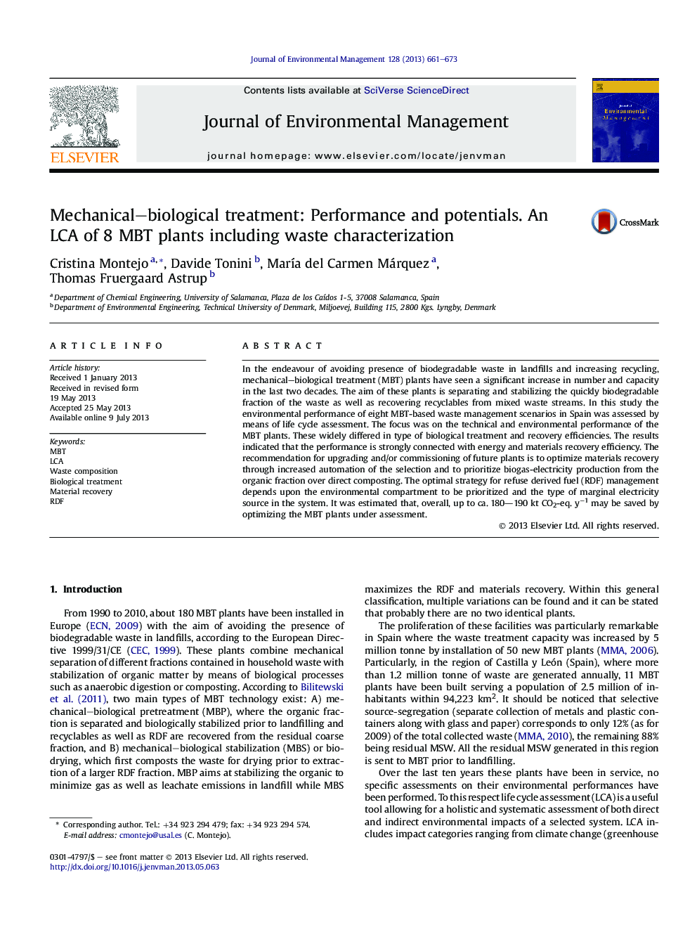 Mechanical-biological treatment: Performance and potentials. An LCA of 8 MBT plants including waste characterization
