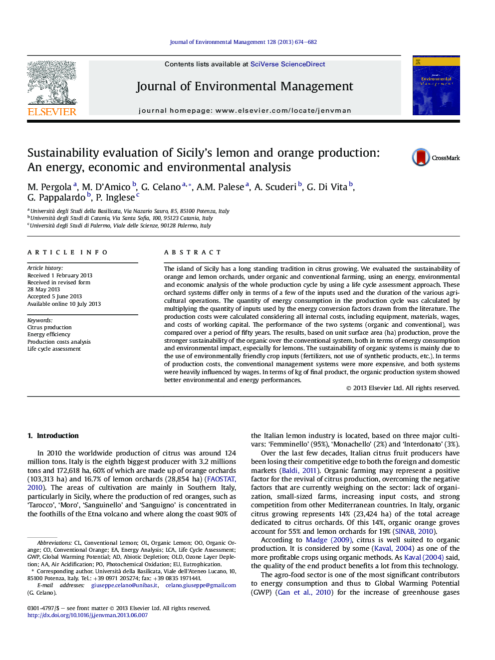 Sustainability evaluation of Sicily's lemon and orange production: AnÂ energy, economic and environmental analysis