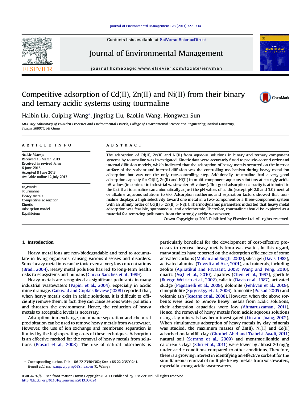 Competitive adsorption of Cd(II), Zn(II) and Ni(II) from their binary and ternary acidic systems using tourmaline