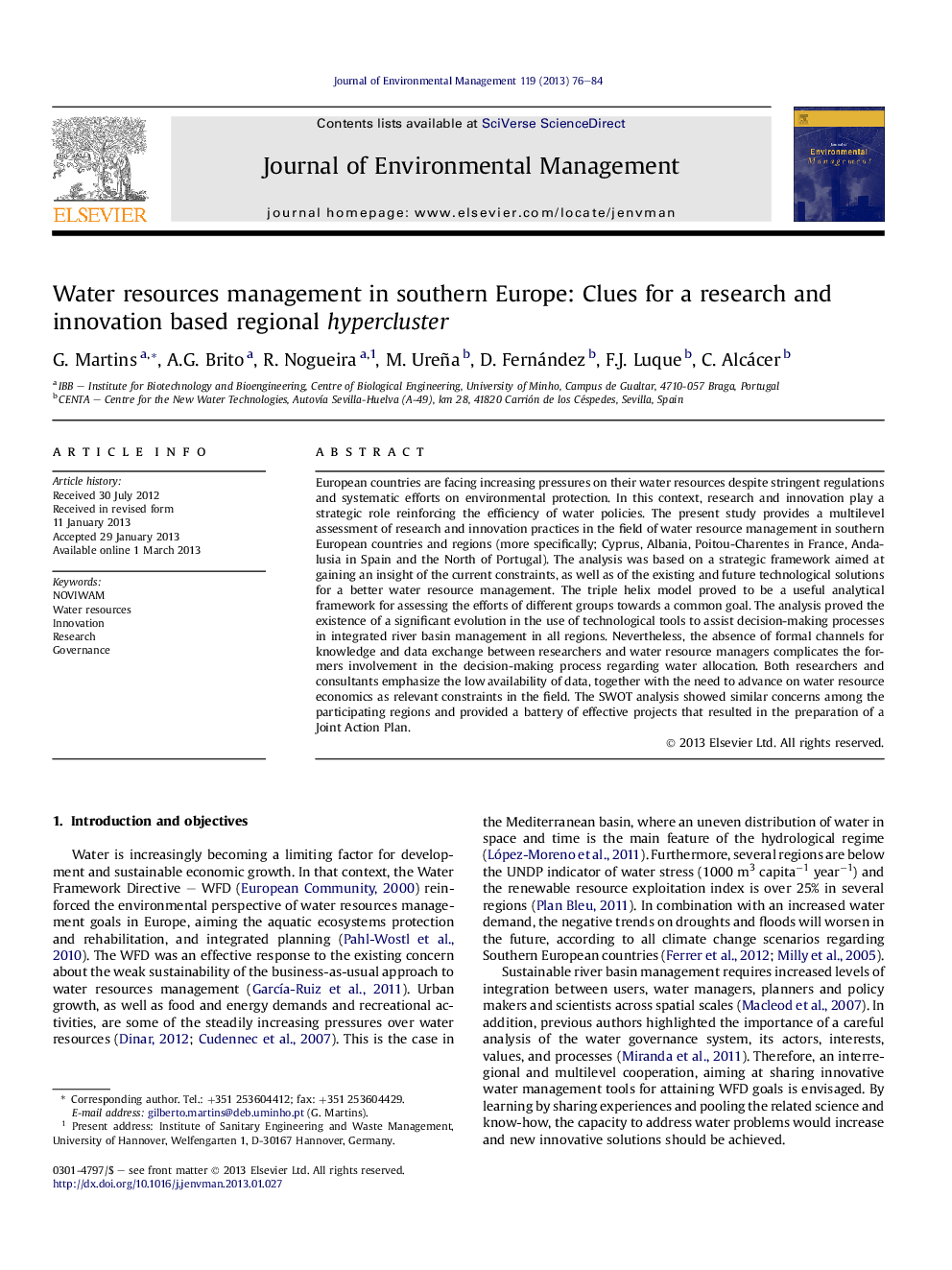 Water resources management in southern Europe: Clues for a research and innovation based regional hypercluster