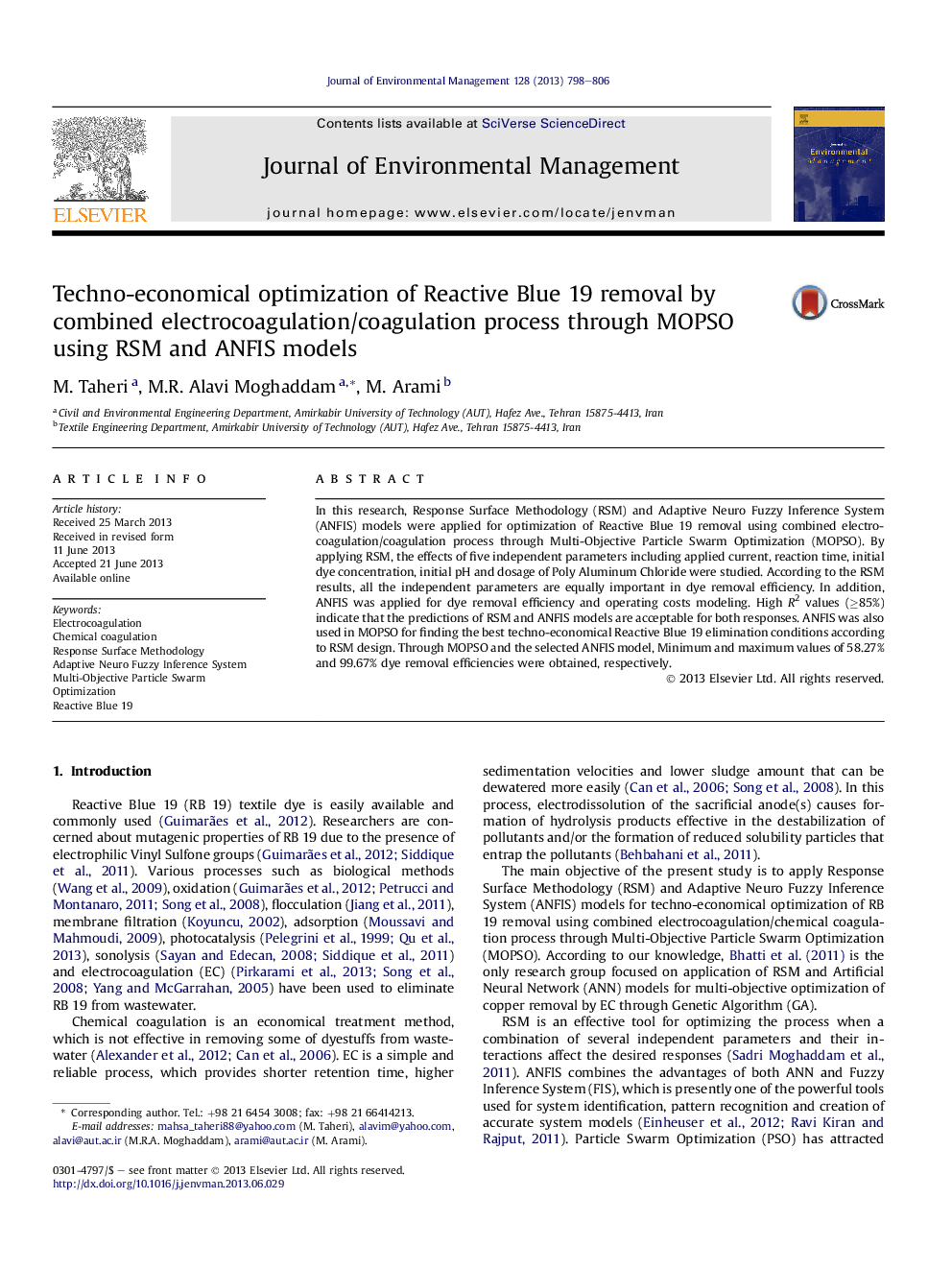 Techno-economical optimization of Reactive Blue 19 removal by combined electrocoagulation/coagulation process through MOPSO using RSM and ANFIS models