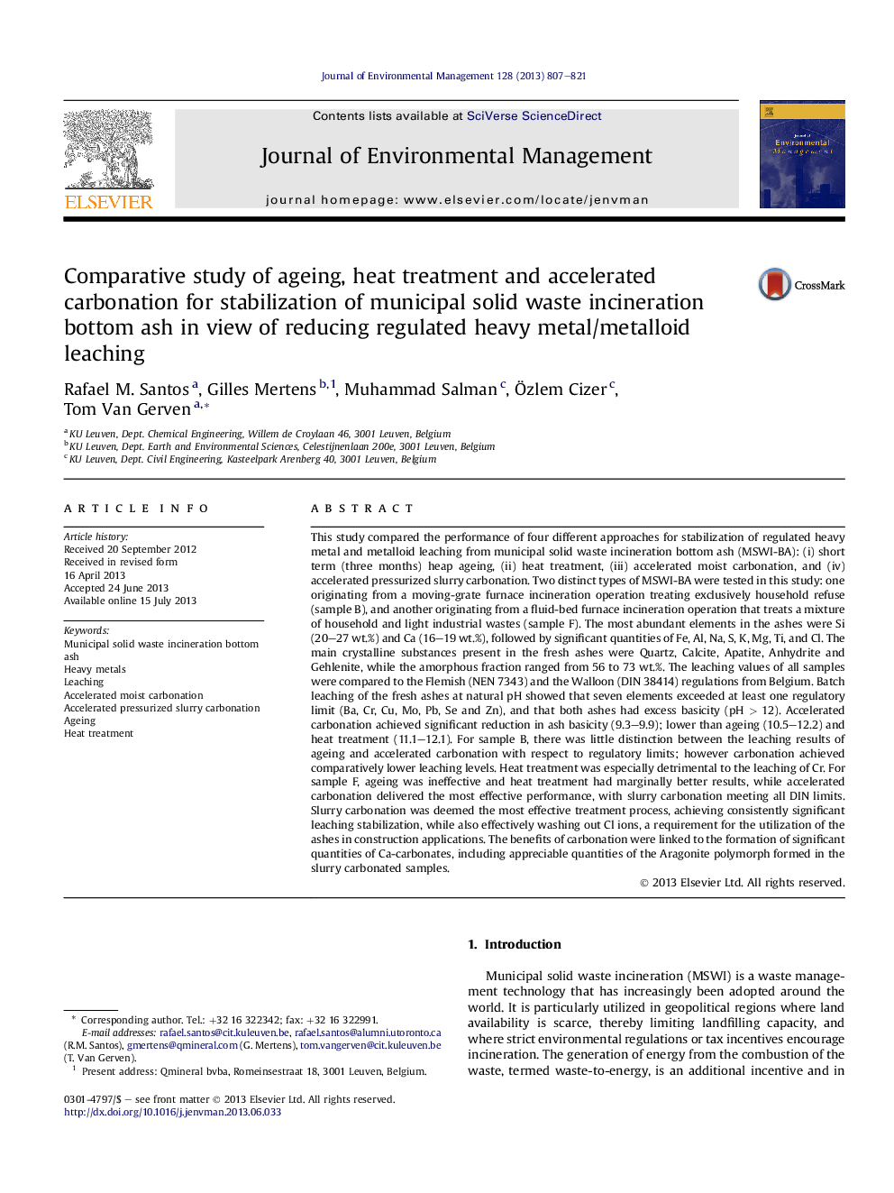 Comparative study of ageing, heat treatment and accelerated carbonation for stabilization of municipal solid waste incineration bottom ash in view of reducing regulated heavy metal/metalloid leaching