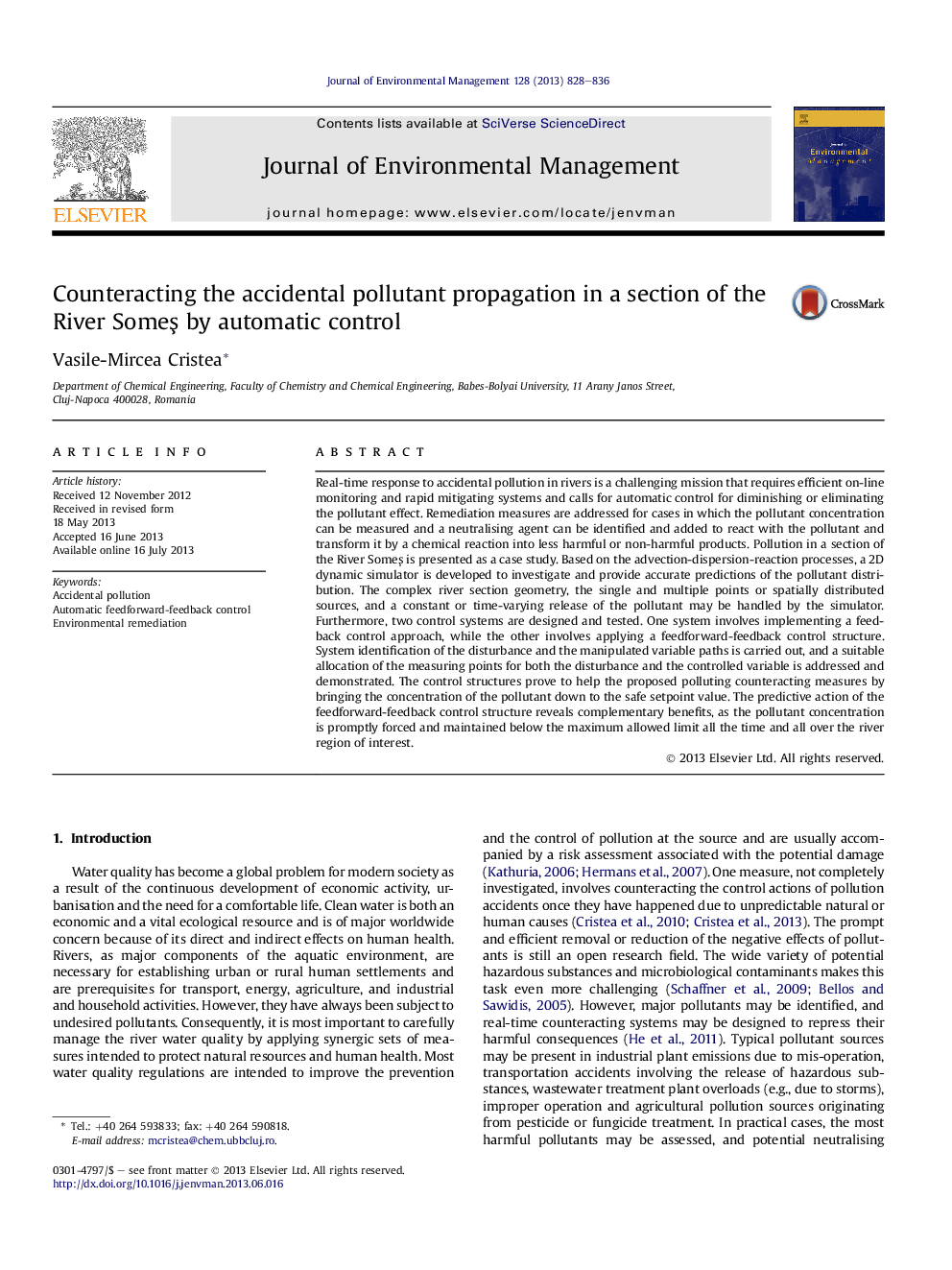 Counteracting the accidental pollutant propagation in a section of the River SomeÅ by automatic control