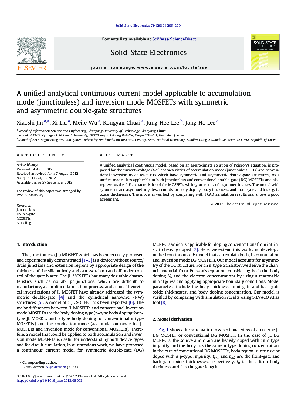 A unified analytical continuous current model applicable to accumulation mode (junctionless) and inversion mode MOSFETs with symmetric and asymmetric double-gate structures