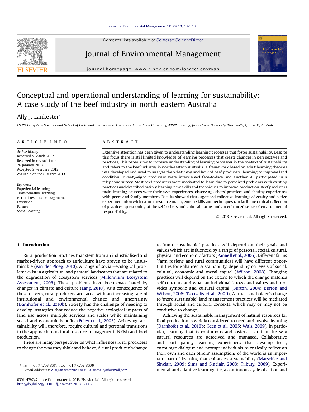 Conceptual and operational understanding of learning for sustainability: A case study of the beef industry in north-eastern Australia