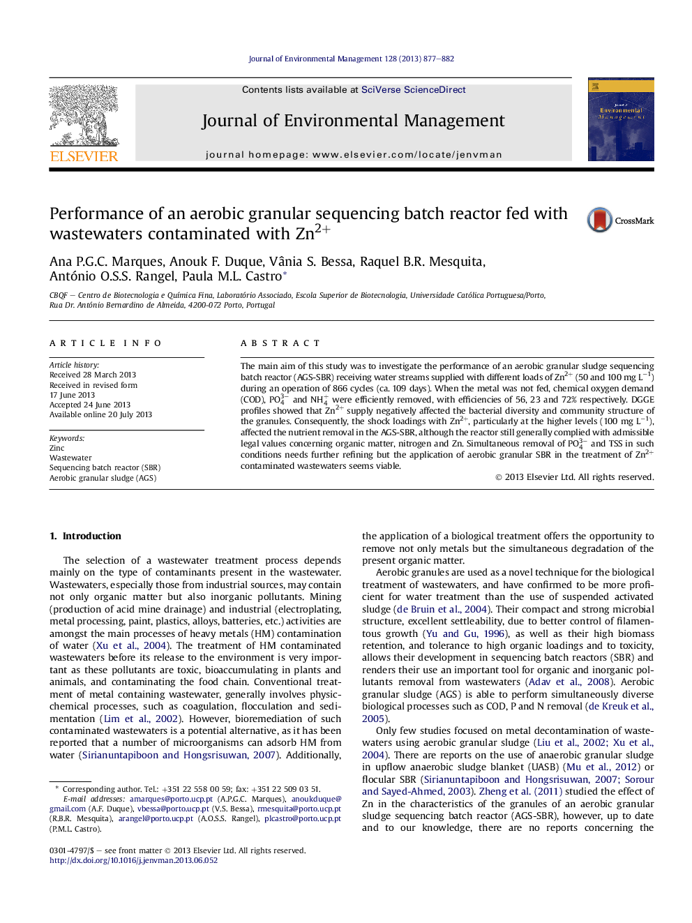 Performance of an aerobic granular sequencing batch reactor fed with wastewaters contaminated with Zn2+