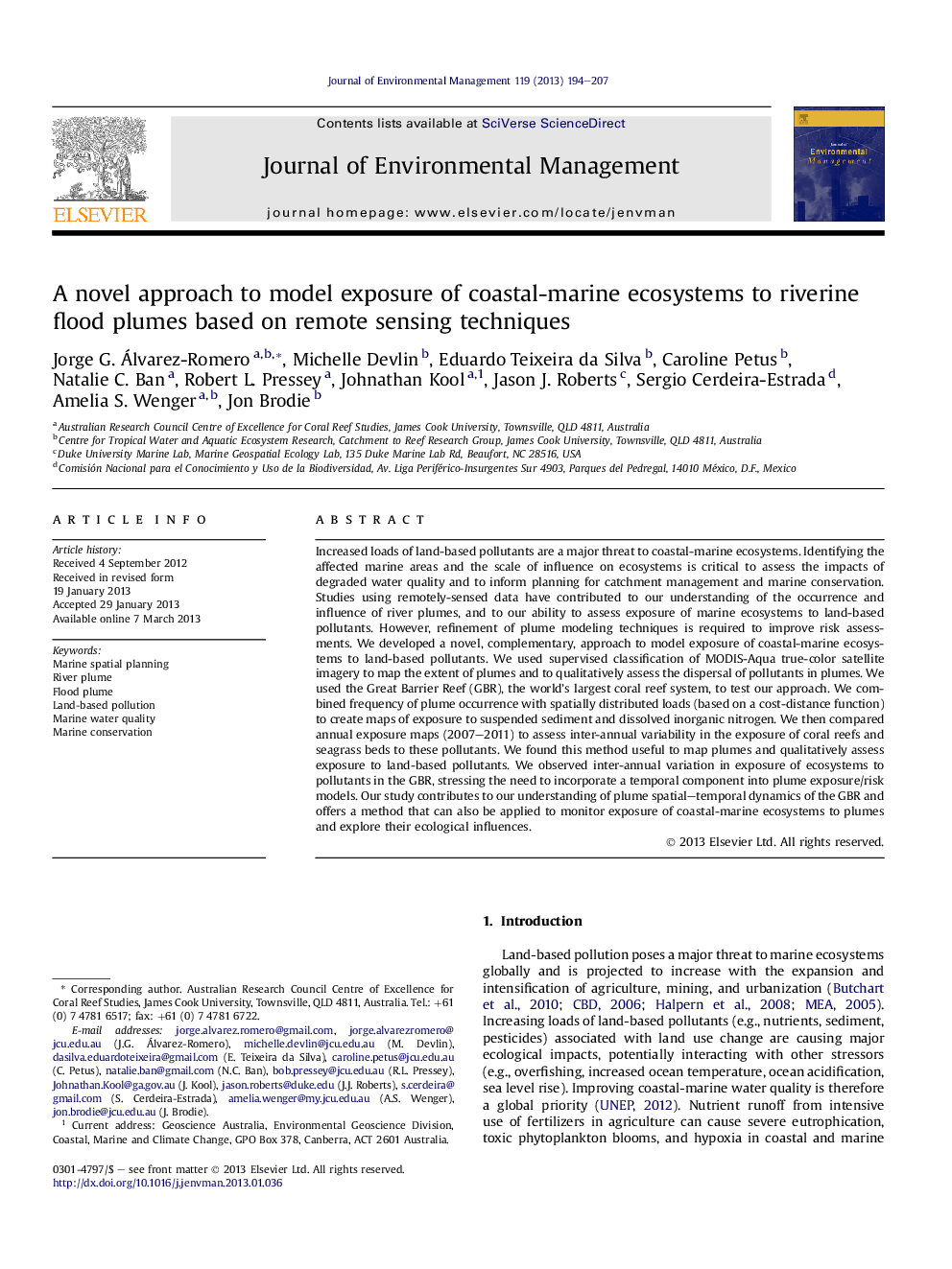 A novel approach to model exposure of coastal-marine ecosystems to riverine flood plumes based on remote sensing techniques