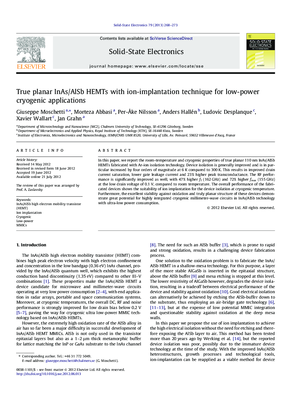 True planar InAs/AlSb HEMTs with ion-implantation technique for low-power cryogenic applications