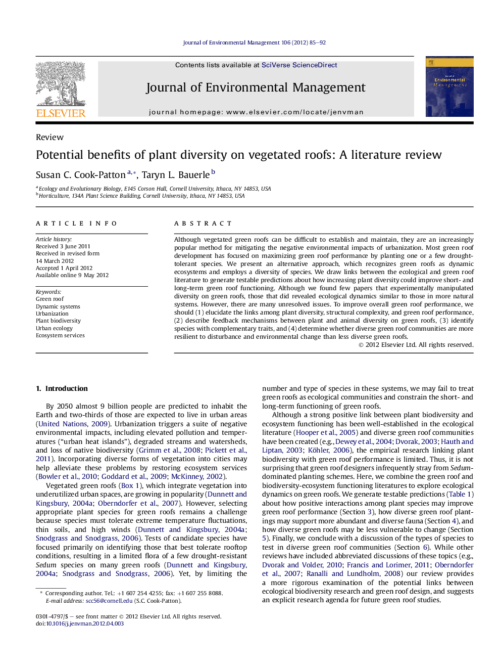 Potential benefits of plant diversity on vegetated roofs: A literature review