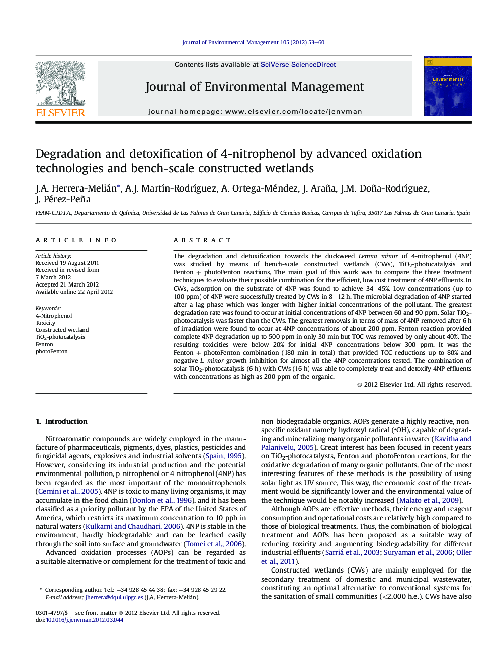 Degradation and detoxification of 4-nitrophenol by advanced oxidation technologies and bench-scale constructed wetlands