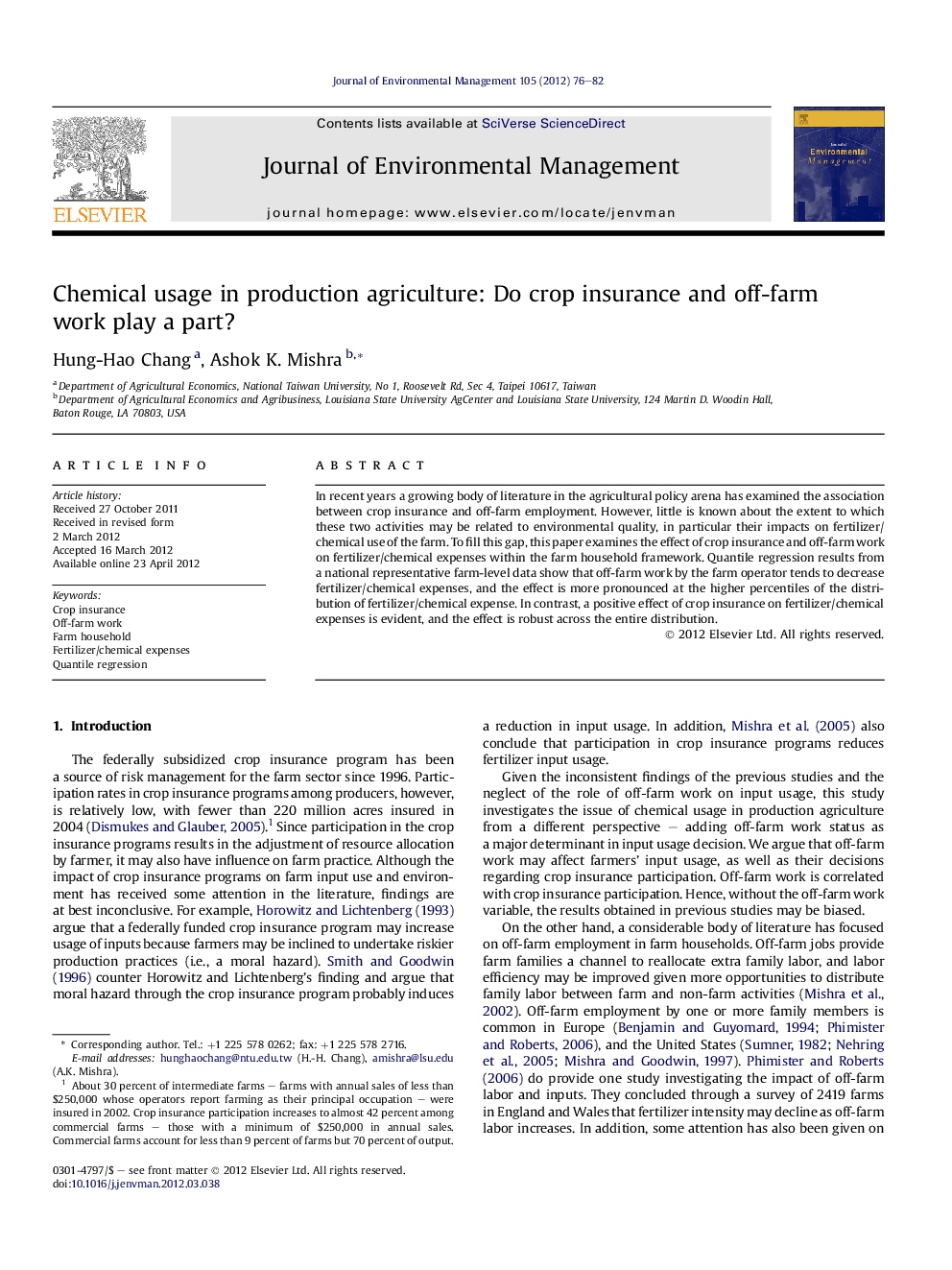 Chemical usage in production agriculture: Do crop insurance and off-farm work play a part?