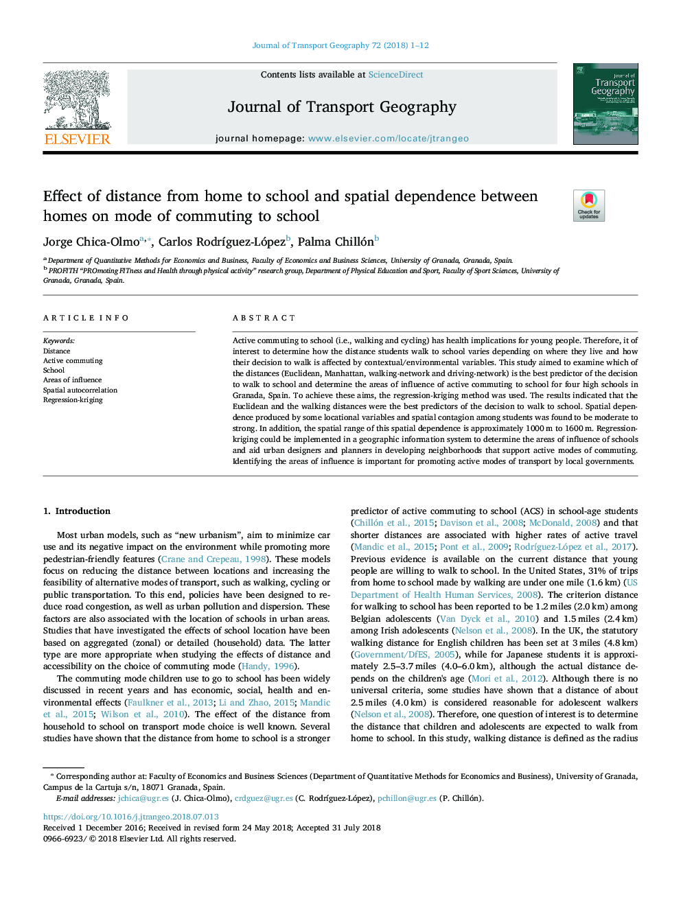 Effect of distance from home to school and spatial dependence between homes on mode of commuting to school