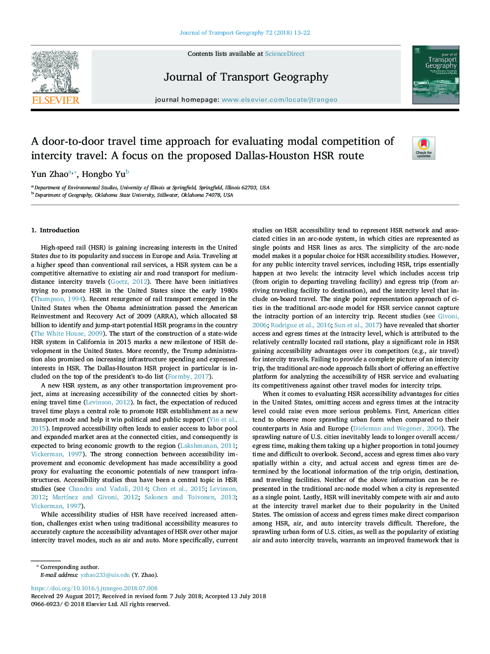 A door-to-door travel time approach for evaluating modal competition of intercity travel: A focus on the proposed Dallas-Houston HSR route