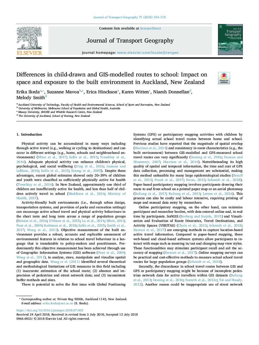 Differences in child-drawn and GIS-modelled routes to school: Impact on space and exposure to the built environment in Auckland, New Zealand