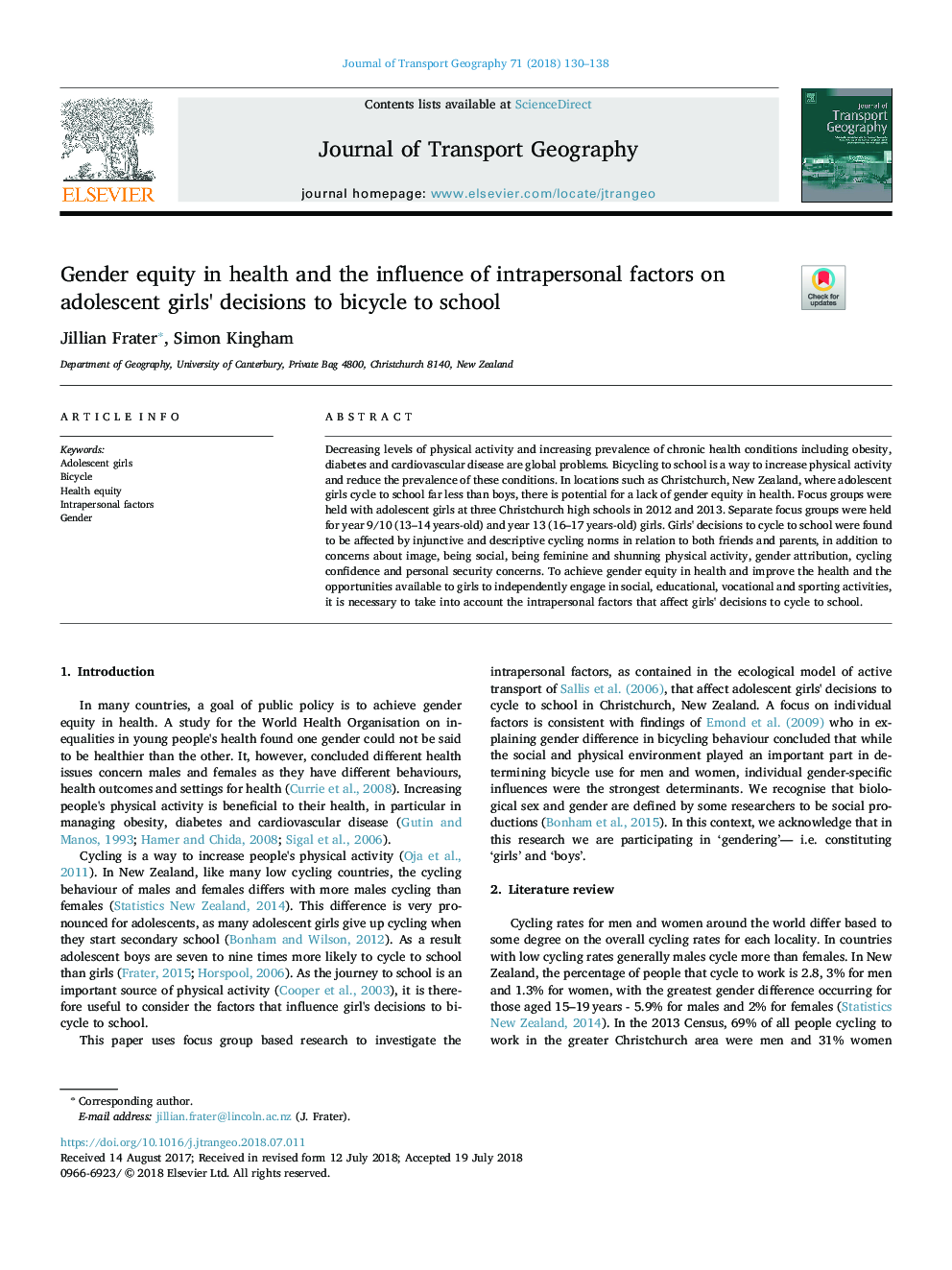 Gender equity in health and the influence of intrapersonal factors on adolescent girls' decisions to bicycle to school