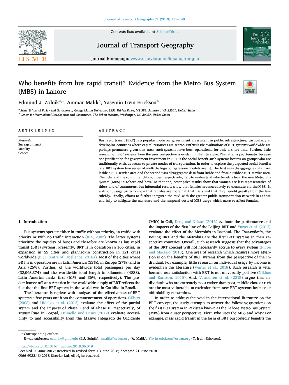 Who benefits from bus rapid transit? Evidence from the Metro Bus System (MBS) in Lahore